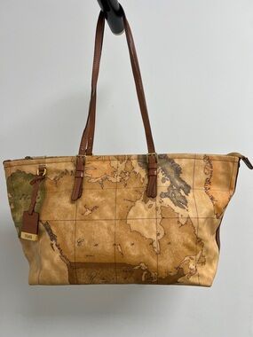 Alviero Martini Map-Print Beige and Brown Leather Tote